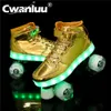 Metall glansande läder rullskridskor barn vuxna skor med hjul uppladdningsbar USB LED Flash 7 Color Europe Designer Shoes Real Leathe Decorative Luxury Boots Sole