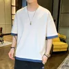 Koreanska stygn ren bomull Hip-hop kortärmad T-shirt Lossa Fake Två Piece Menwomen Högkvalitativ All-Match 210707