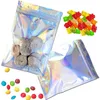 100 stks / partij aluminium folie rits tas hersluitbare plastic retail verpakking tassen holografisch pakket pouch voor eten koffie thee