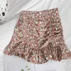 Kimutomo Sweet Girls Mini Spódnica Kobiety Lato Moda Kobieta Koreański High-Paisted Floral Printing Ruffles Skirt Elegant 210521