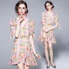 Fashion Girl Floral Dress Puff Sleeve High-end Bow Womens Summer Ruffle Dresses Noble Sexy Lady Printed Dresses