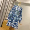 New design fashion womens retro stand collar lantern long sleeve blue and white porcelain print single breasted high waist a-line dress SML
