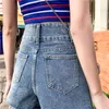Été femmes haute Wasit effiloché lâche bleu Denim Shorts décontracté femme jambe large grande taille Vintage jean 210430