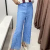 Fashion Lace Calf Length Pants Women High Waist Wide Leg Casual Female Trousers Clothes Streetwear 210430