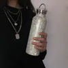 Garrafas de água brilham com garrafas de garrafa de ponta de alta qualidade Bling strass em aço inoxidável Thermo Thermo Silver com tampa