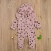 0-24m Vår Höst Born Infant Baby Girl Hooded Romper Långärmad Leopard Jumpsuit Playsuit Kläder 210515