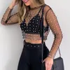 Kvinnors T-shirt Sexy See Through T Shirt Kvinnor Mesh Patchwork Diamanter Pearl Slim T-shirts Eleganta Crop Tops Kvinna vårkläder