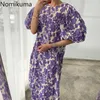 Nomikuma Summer Robe Femme O Neck Puff Sleeve Dres Casual Loose Floral Tryckta Klänningar Kvinna Koreansk Vintage Vestidos 210623