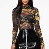 Women Mesh Sheer See Through Print Shirt Blouses Outwear Turtleneck Long Sleeve Tops Transparent Slim Bodycon Club Blouse 210607