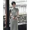 Modern Linen Cotton Short Sleeve Qipao Chinese Traditionell klänning Förbättrad Plaid Print Cheongsam Vestido Etniska kläder
