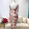 designer style red flower printed slim mesh elastic bodycon midi dress sexy night women lady square collar party dresses 210421