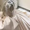2021白シャンパンフラワーガールズドレスウェッジジュエルネックレースアップリケ真珠と手作りの花弓誕生日子供女の子Pageantガウンスイープトレイン