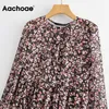 aachoae bohoスタイルの花柄プリーツドレス長袖女性ミニOネックルーズレディースESビーチSUNDRESS ROPA MUJER 210623