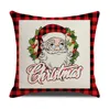 Christmas Pillow Case 18x18 Inches Linen Decoration Throw Pillowcover Red Plaid Santa Deer Cushion Covers for Xmas Holiday Decorations