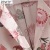 Zevity Women Fashion Pink Flower Print Casual Chiffon Smock Blouse Office Ladies Long Sleeve Shirts Chic Blusas Tops LS7678 210603