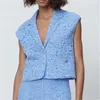 Women's waistcoat spring and summer vest jacket Pocket tassel design Lace Tops Blue sleeveless shirt with lapels 210430