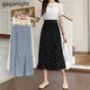 Vintage svart polka dot midi kjol kvinnor hög midja chiffon s sommar a-line lång elegant kvinnlig botten 210601