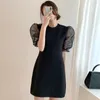 Gaganight Lady Sexy Slim Black Dress O ink Midiの長さシフォンvestidoパッチワークメッシュパフスリーブ女性エレガントなドレス夏210519