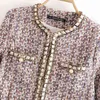 Autnmn Style Femmes Style européen et américain élégant col rond dentelle imitation perle bouton femme veste violette 210520