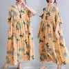 Plus Size 4XL 5XL 6XL Cotton Maxi DrWomen Vintage Short Sleeve Linen Long DrRobe Female Oversize Boho Beach Print Dress X0621