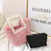 Pearls square Handle Fluffy Bag Soft Cute Totes Women's Handbags Faux Rabbit fur Shoulder Bags sweet lady style handbag dress Purse