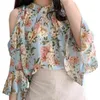 Pullover Floral Loose Chiffon Blouse Kvinnor Sommar Off-Shoulder Shirt Kortärmad Kläder Blusas Mujer de MODA 14370 210508