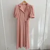 Women Summer Linen Dress Retro Shirt Bandage Waist Lace-up Apricot Pink Robe Loose Clothing Chic 16W1038 210510