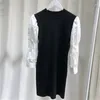 Stor försäljning Vår och höst Koreanskt Mode Elegant Temperament Bekväm Stickad Stitching Puff Sleeve Kvinnors Klänning 210615