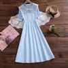 Mori Girl Elegancka Midi Vestidos Lato Koronki Peter Pan Collar Bow Krótki Rękaw Sukienka Bawełniana A-Line Kobiety Solidne Słodkie sukienki 210520