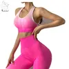 Yushuhua 2 pieces Ombre Women Yoga Set Seamless Leggings Sports Bra Running Pants Gym Clothing Fitness Workout Suit 210802