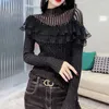 Lace Ruffle Sexy Turtleneck Vintage Knit Korean Fashion Women Clothing Hot Style Top Bright Silk 2020 Fall Winter Party Sweater X0721