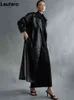 Lautaro秋の長い特大の黒いフェイクレザートレンチコート女性スリーブベルトダブルブレストルーズファッション211110