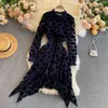 Women Spring Fashion Stand Collar Long-sleeved Hook Flower Hollow Irregular Lace Stitching Dress Elegant Vestidos R882 210527