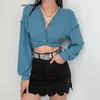 Blaues Crop-Top mit Schnürung und Rüschen, Damen-Langarmshirt mit V-Ausschnitt und Vintage-Strick-Tops für den Winter 210427