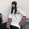 WOHERBパッチワーク緩い女性Tシャツ偽2ピースストライプ韓国Tシャツ原宿ストリートウェアレディーヒップホップトップティー210623