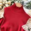 Floral Lace Spliced Cold Shoulder Long Sleeve Knitted Sweater Dress Women Stand Collar Slim Fit Mini Bodycon Sexy 210603