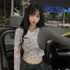 Yedinas Moda Sexy Leopard Imprimir Patchwork T-shirt Mulheres Manga Longa Crop Top Club Night Tee Camisetas Slim Coreano Estilo 210527