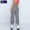Vangull kvinnor checkerboard plaid joggers byxor mode hip hop hög midja lösa byxor pantalon med kedja kvinnliga rutiga byxor 210707