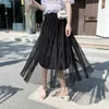 Skirts Korean Fashion Pleated Skirt For Women Elegant Lace Womens Ladies Mesh Long Woman High Waist Midi
