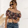 Summer Women Lantern Short Sleeve Floral Print T-shirt Slash Neck Crop Top Ladies Strapless Backless Drawstring Skinny Tops 210608