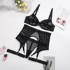 Mulheres lingerie set 3 peça roupa interior preto ver através de lenceria para mujer transparente sutiã e calcinha definido com cinto de liga