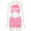 MHCMBSBS Sexy Two Piece Set Women Tie Dye Ruched Halter Crop Tops Corset Top + Drawstring Mini Skirts Summer Beach Vacation 210517