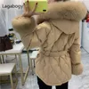 Lagabogy, invierno, mujer, piel auténtica, 90%, plumón de pato blanco, chaqueta acolchada gruesa con capucha para mujer, con puños naturales, Parkas 211108