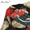 Designer Summer Skirt Suit Woman V-Neck Floral Print Slim Shirt and Black High Waist Long Skirts Two Piece Set 210524