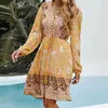 Women Ruffle Bow Tie Mini Floral Print Dress Vintage Long Sleeve Casual Loose Pleated Dress Ruffles Dress Vestidos 210521