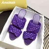 Summer PU Leather Braided Thin High Heel Sandals Slides Women Party Shoes Cross Wove Folds Mules Sexy Slippers 42 210507