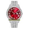 MISSFOX éternité 2643-3 Hip hop mode hommes montres CZ diamant incrustation rouge cadran romain mouvement à quartz hommes montre glacé diamants boîtier en alliage deux tons or bracelet argent