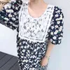 Nomikuma sommar blommig tryckt klänning Kvinnor krok blomma Patchwork o Neck Kortärmad Casual Vintage Klänningar Koreansk stil Robe 210514