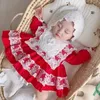 Vestito da bambina primavera all'ingrosso maniche lunghe a sbuffo in pizzo stile lolita rosso abbigliamento per bambini E157 210610