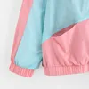 Vrouwen lange mouw rits zakken casual sportjas multi kleur gesneden en naaien windjack met capuchon-block jassen 211014